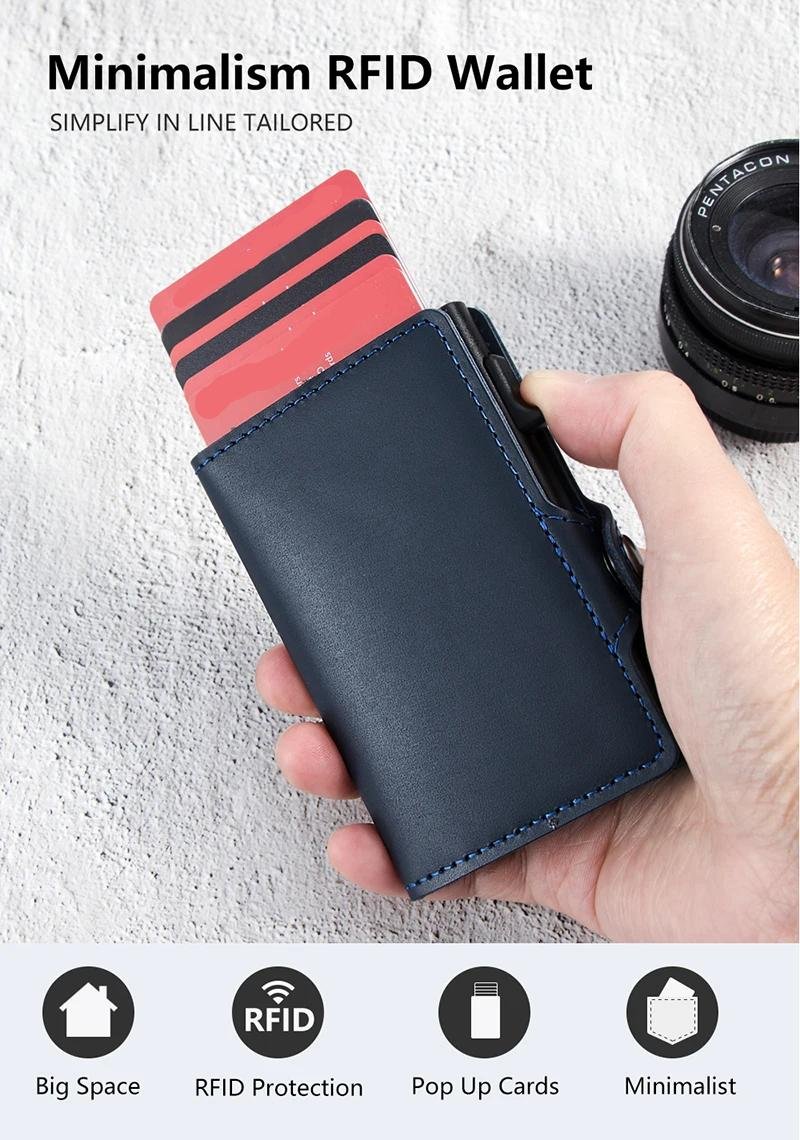 258868 1321b3 Men Wallets Real Cow Leather Pop Up Business Credit Card Holder RFID Blocking Slim Smart Carbon Fiber Wallet with Pocket Mallzona